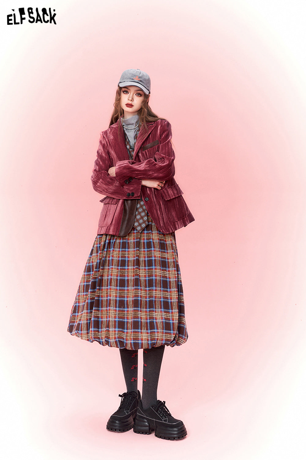 ELFSACK Checkered Pleated Skirt Woman Chinese Style Designer Skirt