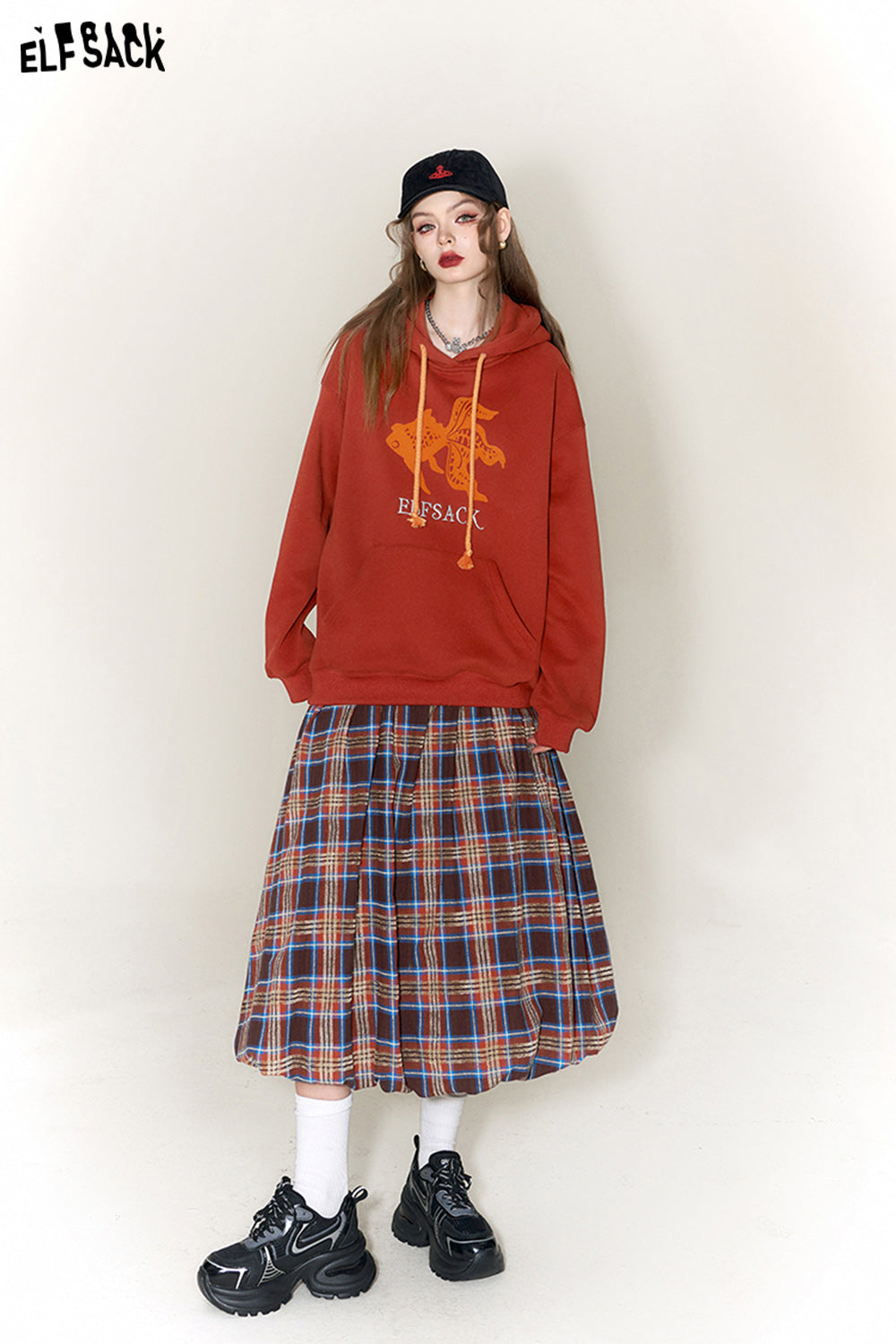 ELFSACK Checkered Pleated Skirt Woman Chinese Style Designer Skirt