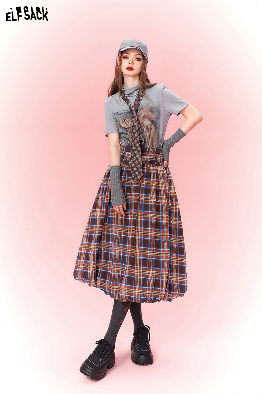 ELFSACK Checkered Pleated Skirt Woman Chinese Style Designer Skirt