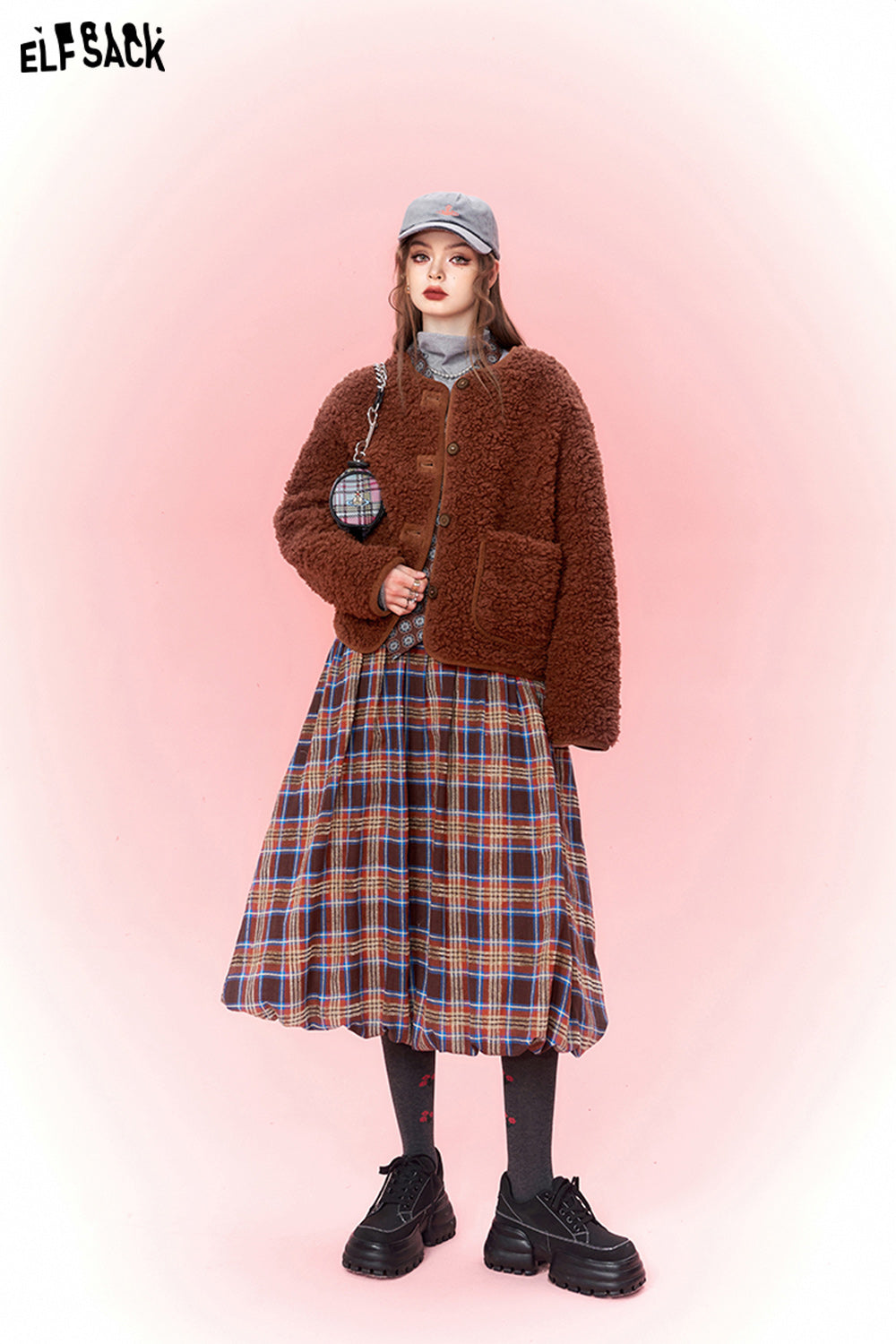 ELFSACK Checkered Pleated Skirt Woman Chinese Style Designer Skirt
