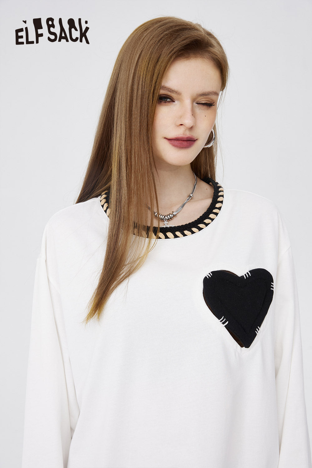 ELFSACK Cotton Heart Embroidered T-shirt white with black heart design and contrast neckline