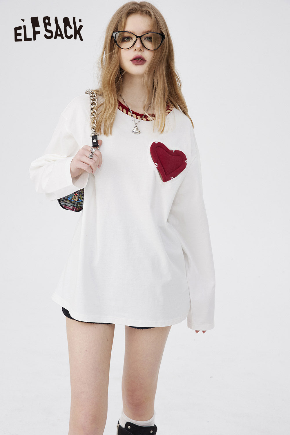 ELFSACK white Cotton Heart Embroidered T-shirt with long sleeves and red heart patch on chest