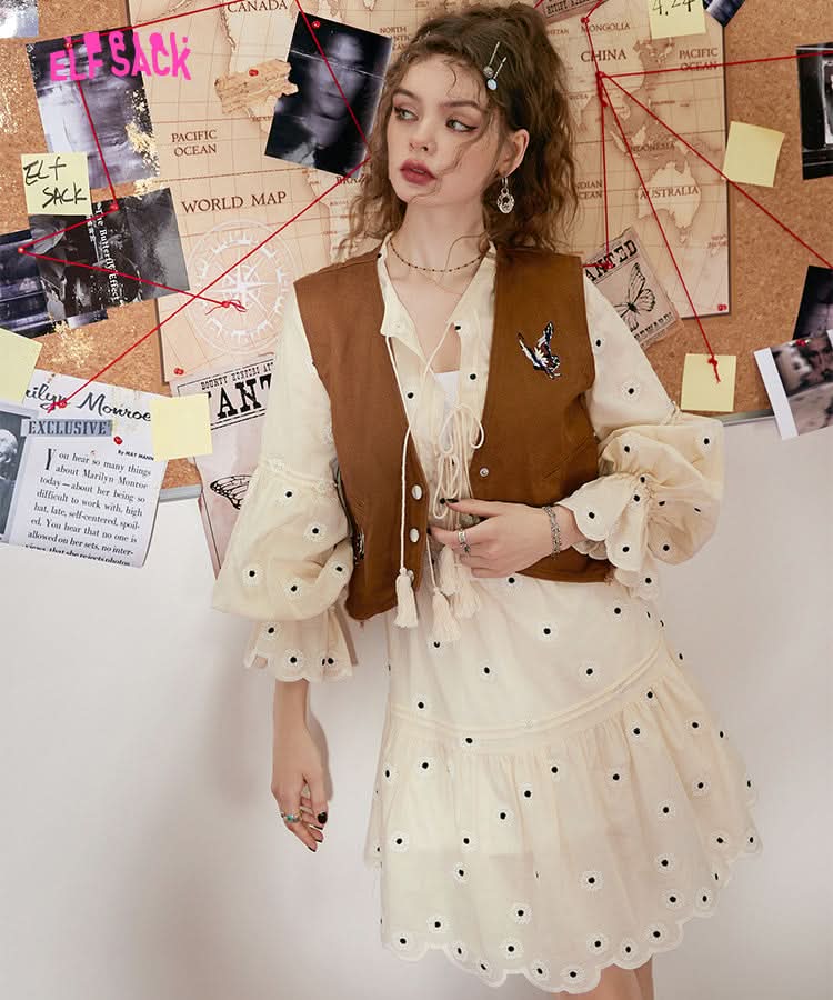 
                  
                    ELFSACK Embroidered Long Sleeve Dress with Scalloped Hem
                  
                