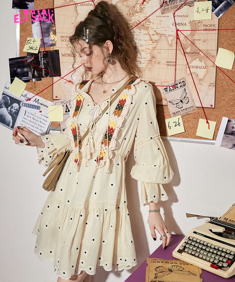 ELFSACK Embroidered Long Sleeve Dress with Scalloped Hem
