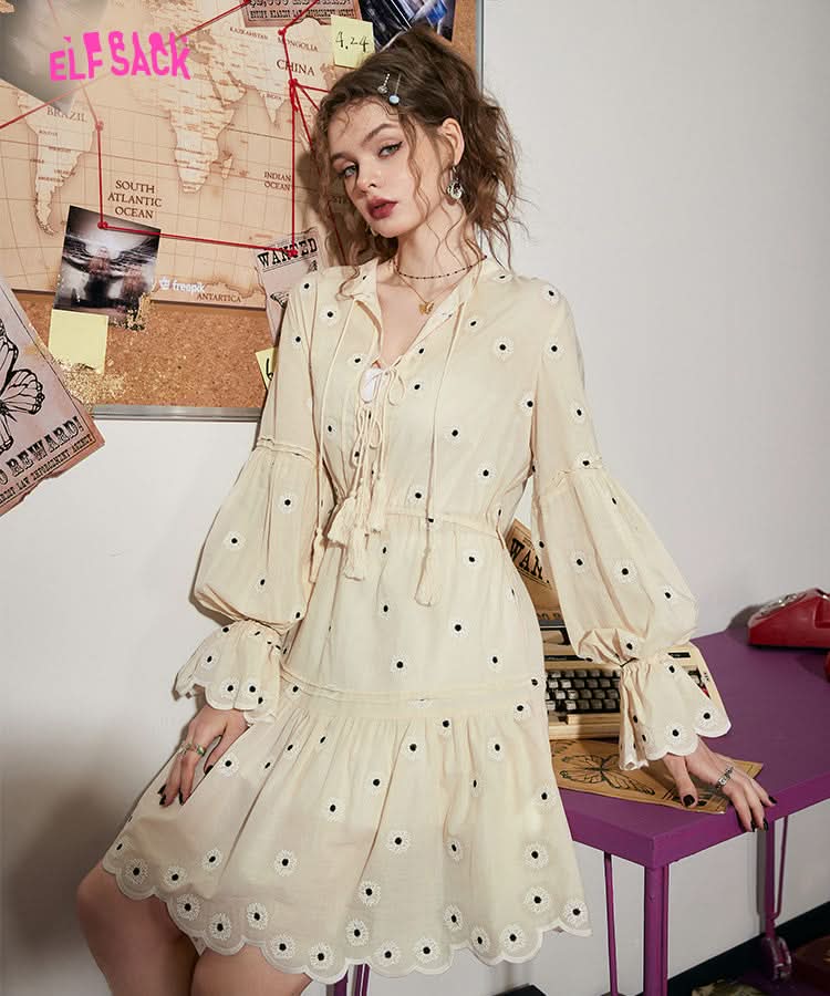 
                  
                    ELFSACK Embroidered Long Sleeve Dress with Scalloped Hem
                  
                